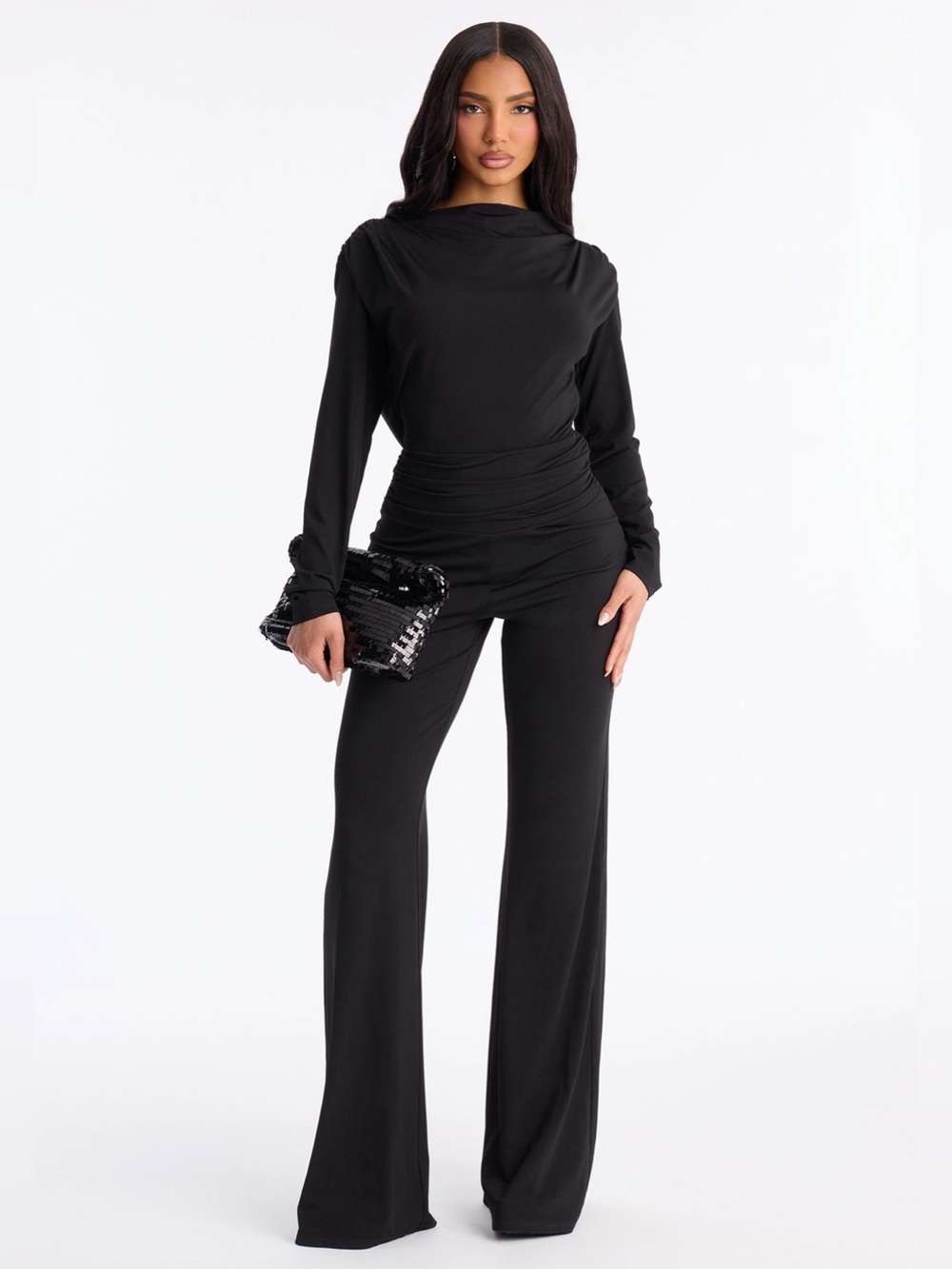 Fashion Nova Black Long-Sleeve Ruched Backless Draped Jumpsuit XL